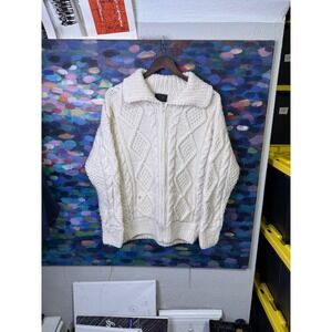 Vintage Hand Knit Wool Full Zip Cable Knit Sweater Cream Ecuador Fisherman Large